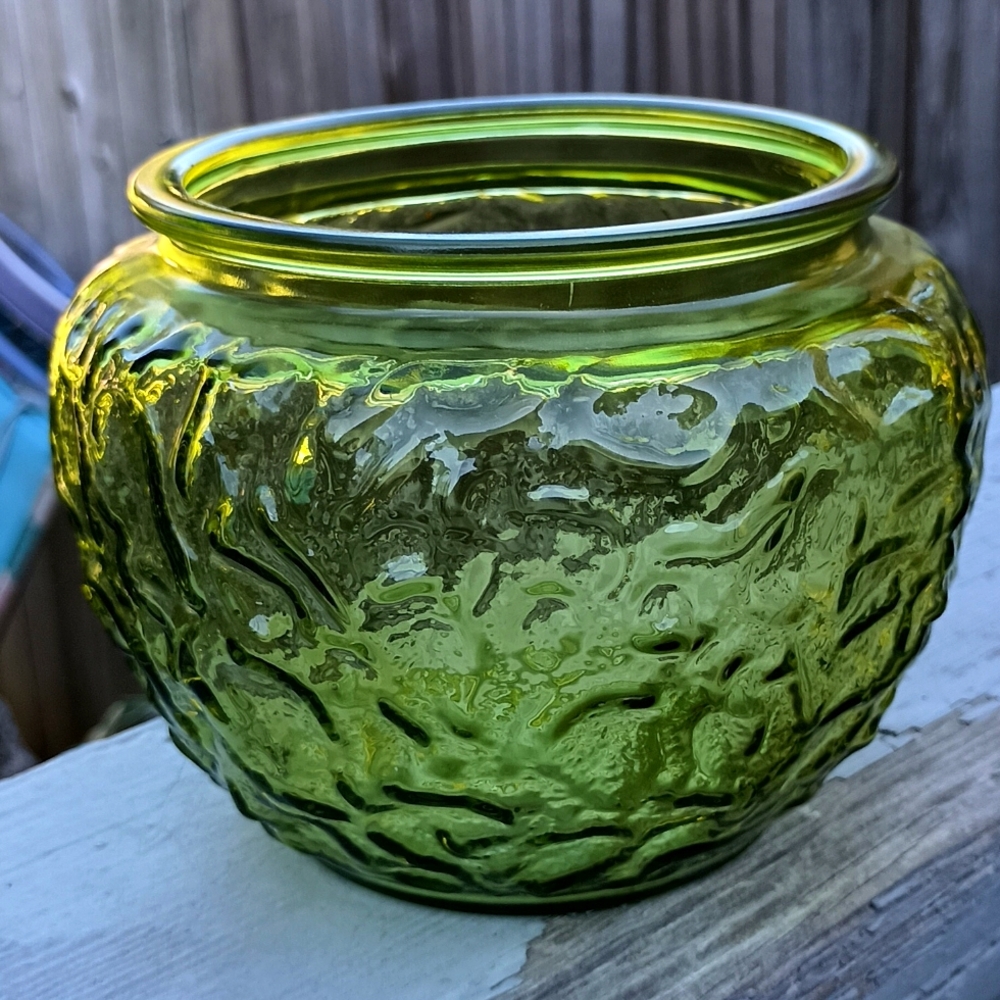 E.O. Brody Crinkle Cut Green glass vase.